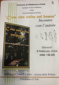 invito all'evento e copertina del libro con immagini di alberi fitti nel bosco